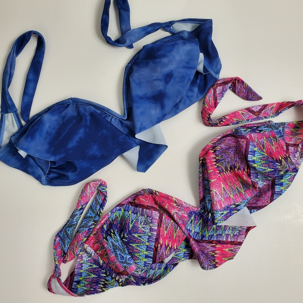 Bandeau Bikini Top Lot of Two Women's Size M Blue Pink Pattern Classic Colorful